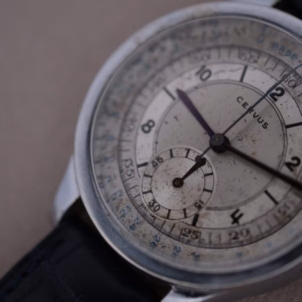 Angled macro of vintage Cervus chronograph dial showing CERVUS signature, blued minute hand, and printed outer base-200m scale detail
