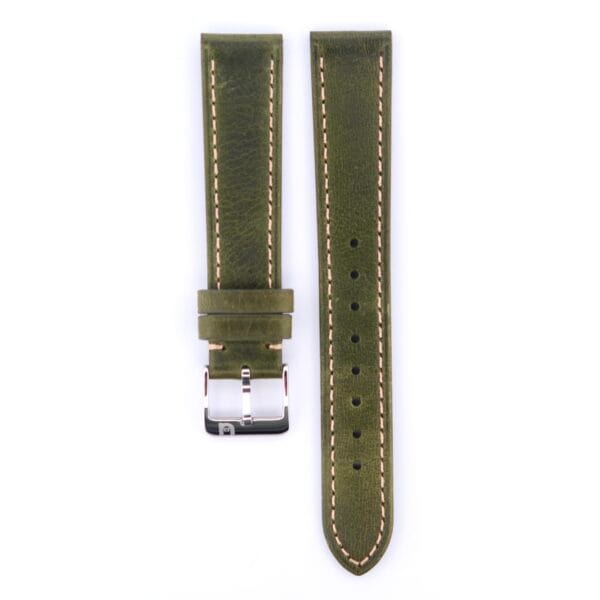 Vintage watch enthusiasts will love the Simple Stitch Vintage Leather Watch Strap in green. With a silver buckle, loops, multiple adjustment holes, and beige stitching, its worn matte finish offers a charming, timeless appeal.