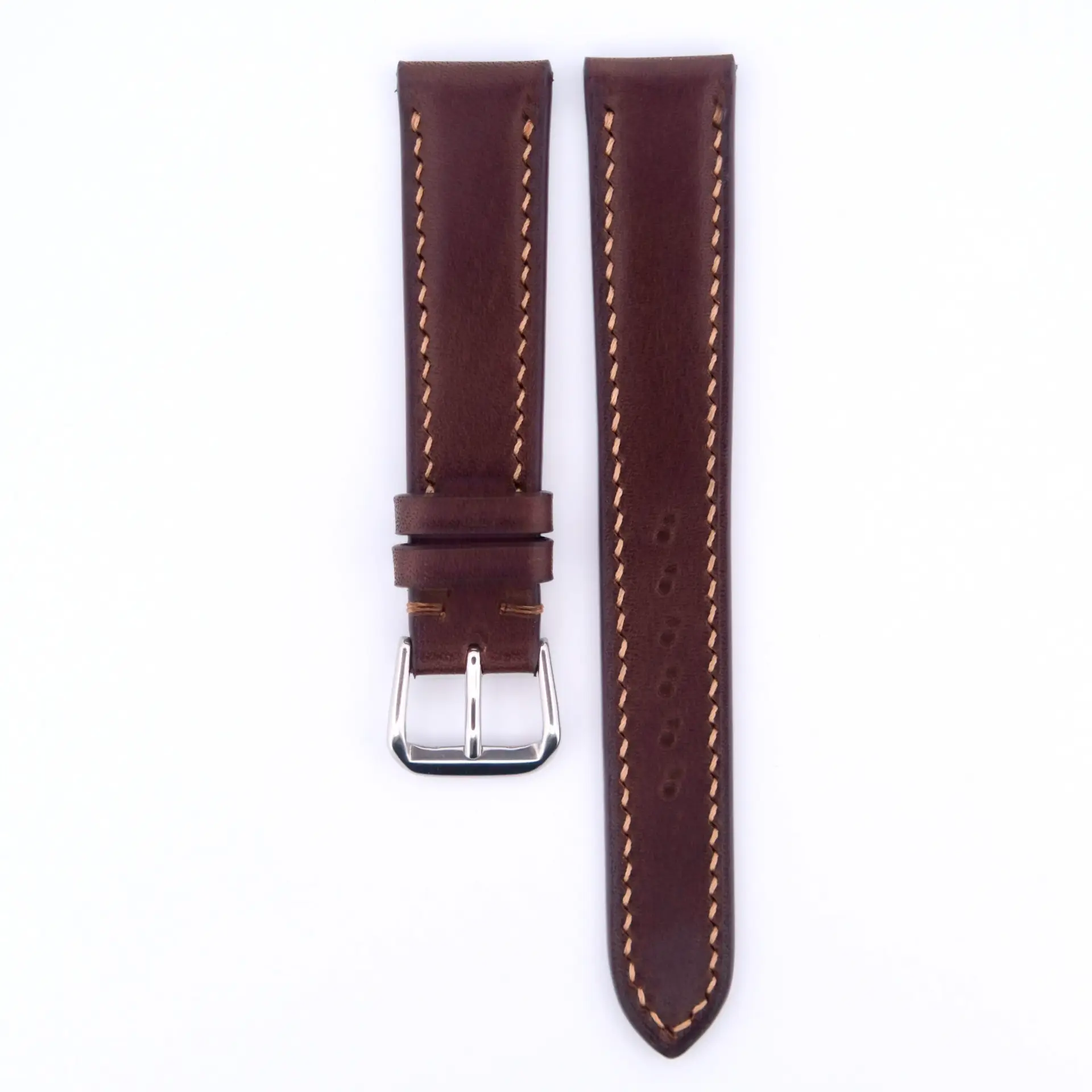 Horween Shell Cordovan Watch Strap - The Dark Brown Genuine Horween Shell Cordovan Watch Strap is a premium accessory crafted from high-quality Horween leather. It features a thickness of 3.6mm and tapers by 3mm for a refined look. Available in sizes 17mm, 18mm, 19mm, and 20mm, it comes with buckle color options in Gold or Silver. The strap length is 193mm, making it suitable for various wrist sizes.