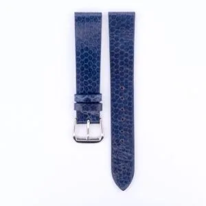 The Blue Snake Skin Handmade Leather Watch Strap has a hexagonal texture and lies flat on a white background. It features two parts: one with a silver buckle and another with multiple adjustment holes, seamlessly blending timeless elegance with modern design.