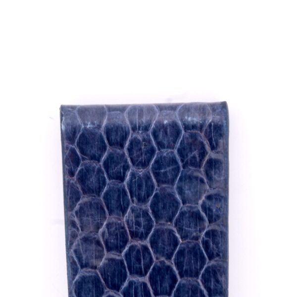Close-up of a Blue Snake Skin Handmade Leather Watch Strap features textured blue leather with a honeycomb pattern like reptile scales, highlighted against a pristine white background.