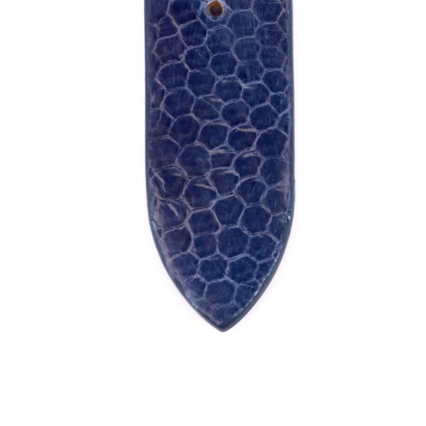 Close-up of a textured Blue Snake Skin Handmade Leather Watch Strap, featuring a honeycomb pattern and showcasing a pointed end with a single hole.