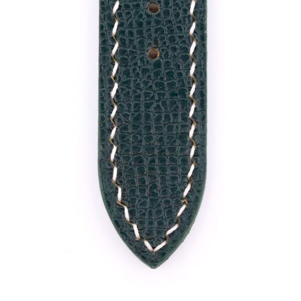 Close-up of a Handmade Olive Green Epson Leather Watch Strap featuring a textured pattern, white edge stitching, and two sizing holes. The straps sleek, polished finish adds a timeless charm to any wrist.
