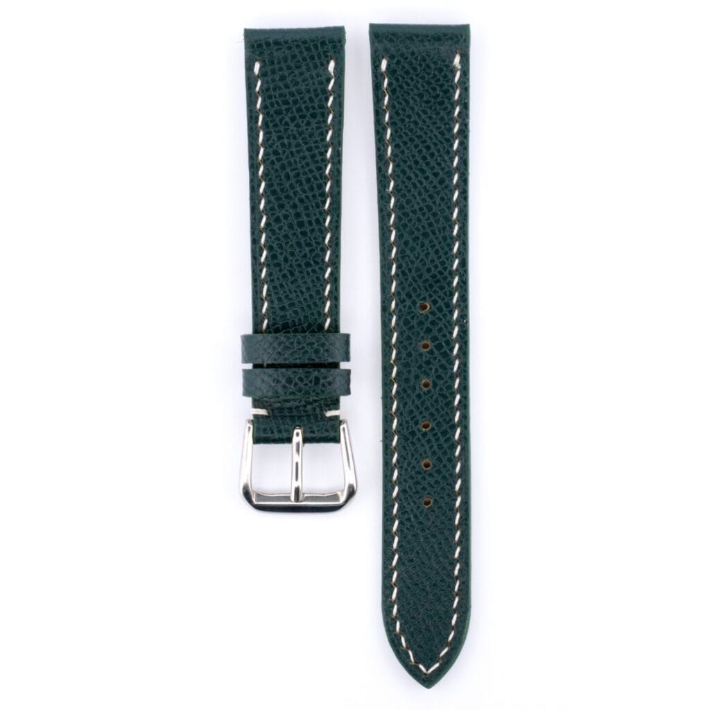 The Handmade Olive Green Epson Leather Watch Strap is a vintage watch accessory, designed with white stitching and a silver buckle, displayed flat.