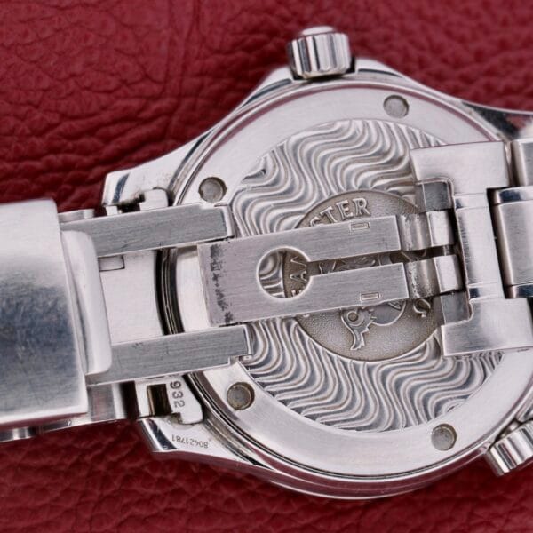 Close-up of the Omega Seamaster Professional Chronometer back, highlighting intricate engravings and a stainless steel bracelet against a textured red backdrop.