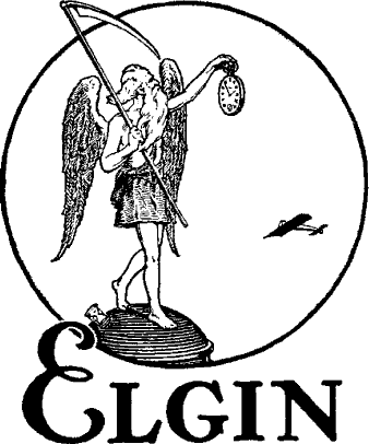 An illustration of a winged figure holding a scythe and a pocket watch, standing on a globe. A small bird is flying nearby. The word Elgin is written below.