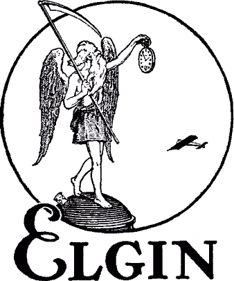 An illustration of a winged figure holding a scythe and a pocket watch, standing on a globe. A small bird is flying nearby. The word Elgin is written below.