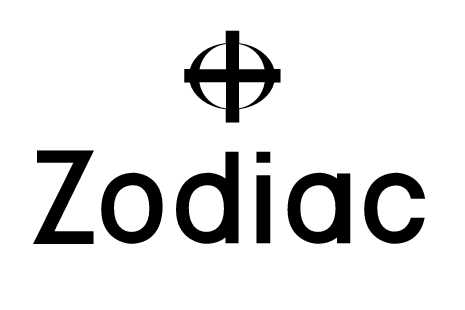 Black text reads Zodiac with a crosshair-like symbol above it on a white background.