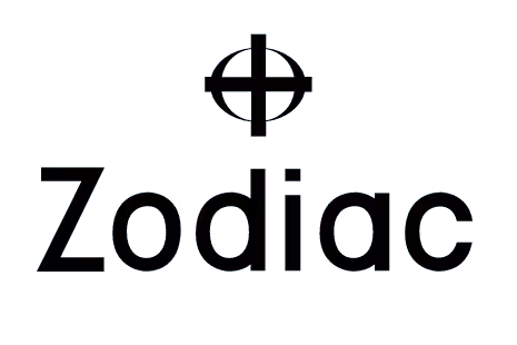 Black text reads Zodiac with a crosshair-like symbol above it on a white background.