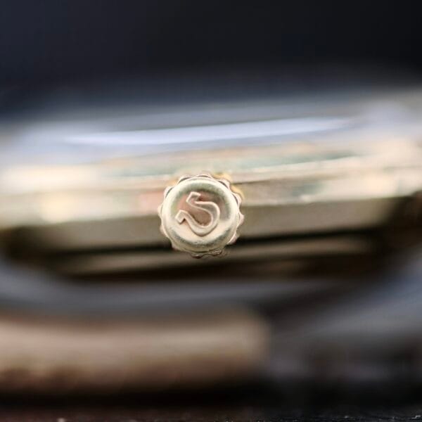 Close-up shot of the Omega Seamaster Deville 166.020 showcases a gold crown with an embossed 5, highlighting its metallic texture and engravings, while the rest of the watch blurs into the background.