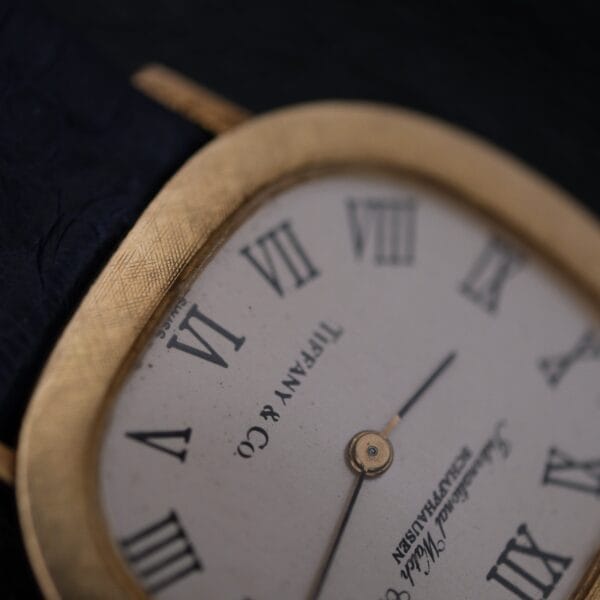 Close-up of an IWC International Watch Co. mens watch with an 18k gold frame and Roman numerals, showing approximately 1:55. The brand name is partially visible, and it has a black leather strap.
