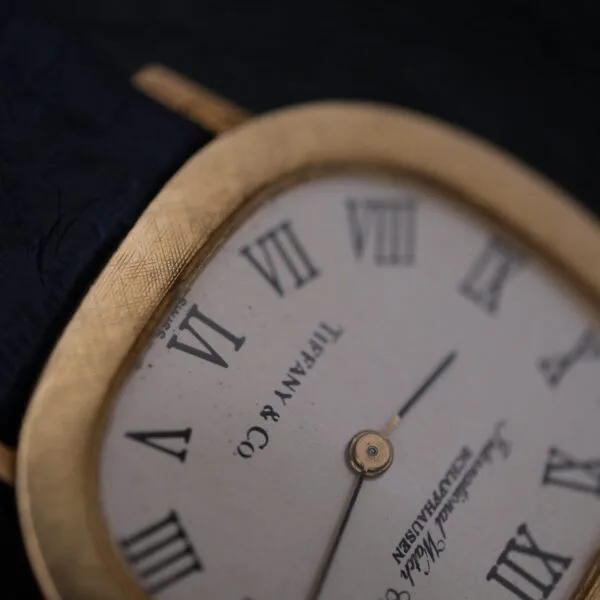 Close-up of an IWC International Watch Co. mens watch with an 18k gold frame and Roman numerals, showing approximately 1:55. The brand name is partially visible, and it has a black leather strap.