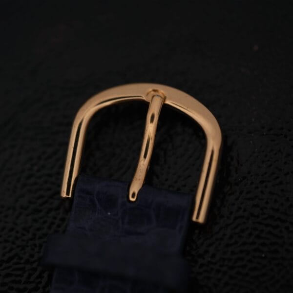 Close-up of an 18k gold rectangular buckle with rounded edges on a dark pebble-textured strap. The backdrop is solid black. IWC International Watch Co. Mens 18k Gold Tiffany & Co. Stamp Watch.