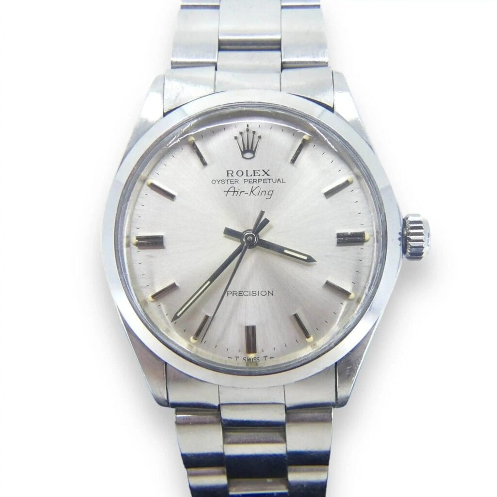 Rolex Air King Precision 5500 mens watch featuring a stainless steel band and a classic silver dial—an iconic stainless steel timepiece with timeless appeal.