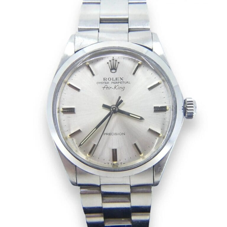 Rolex Air King Precision 5500 mens watch featuring a stainless steel band and a classic silver dial—an iconic stainless steel timepiece with timeless appeal.