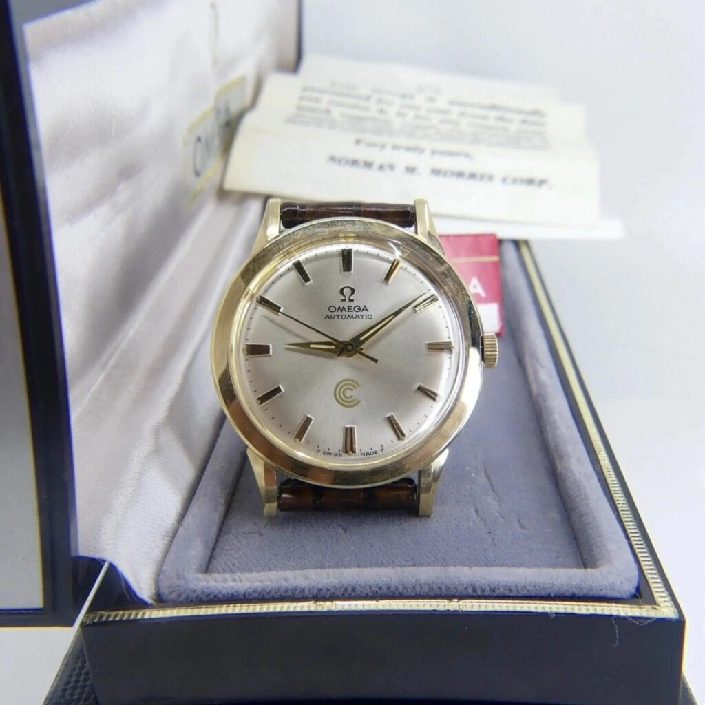 A Vintage Omega Continental Can New Old Stock Men’s Watch – Full Set Brand New, featuring a leather strap and displayed in an open box.