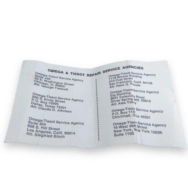 A folded service agency list for the Vintage Omega Continental Can New Old Stock Men’s Watch includes addresses and contacts for repair locations in Chicago, Dallas, Los Angeles, San Francisco, Seabrook, and NYC.