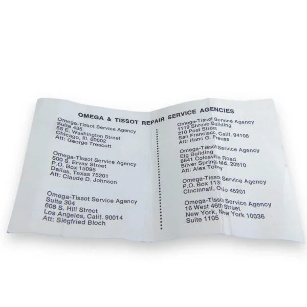 A folded service agency list for the Vintage Omega Continental Can New Old Stock Men’s Watch includes addresses and contacts for repair locations in Chicago, Dallas, Los Angeles, San Francisco, Seabrook, and NYC.