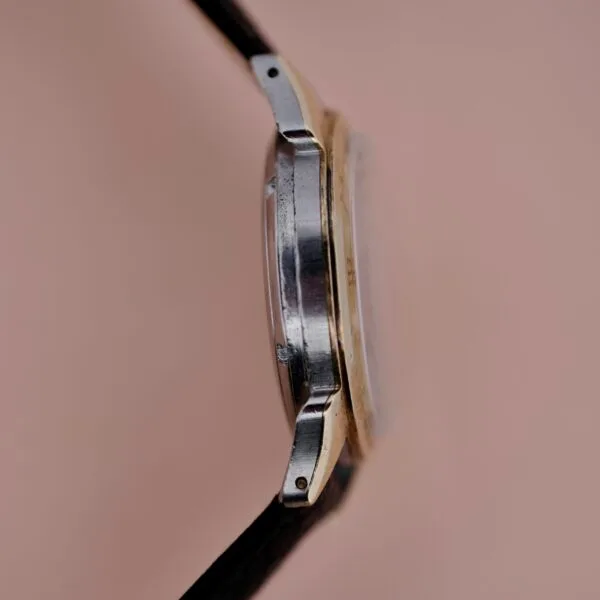 A close-up side view of the Ernest Borel Incastar 1560 Gold Capped watch case features its metal bezel, detailed lugs, and strap attachment points against a plain neutral background.