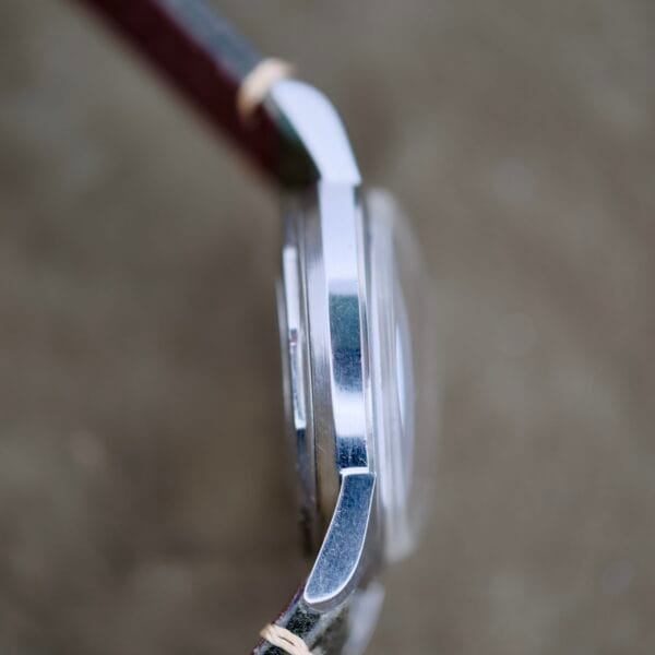 Close-up side view of the Elgin 19 Jewels Manual Wind Diamond Indicies watch case in silver with a brown leather strap. The watch face is not visible, and the background appears blurred.