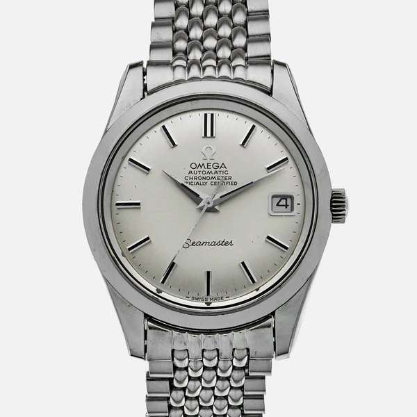 A stainless steel Omega Seamaster 166.010 wristwatch with a silver dial, black hour markers, date window at 3 o’clock, and a metal link bracelet, photographed from the front against a plain background.