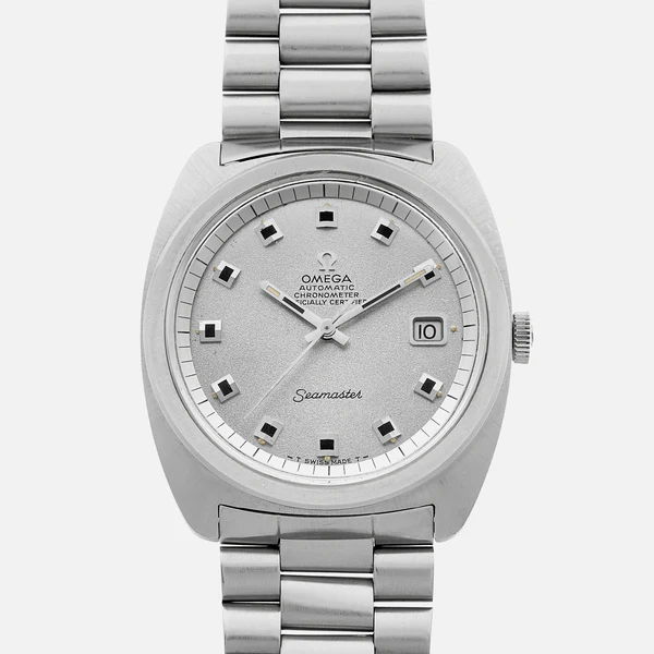 A stainless steel Omega Seamaster 168.035 wristwatch with a silver dial, square hour markers, date window at 3 o’clock, and a metal link bracelet, shown on a plain white background.