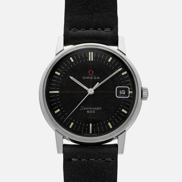 A black Omega Seamaster 600 166.011 wristwatch with a round face, white hour markers, silver hands, and a date window displaying 14. It features a black leather strap and a stainless steel case.