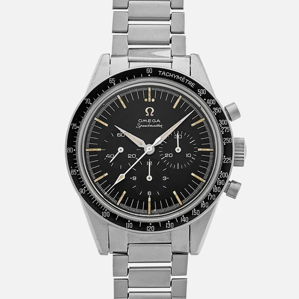 An Omega Speedmaster 105.002 wristwatch with a stainless steel band, black dial, three subdials, white hour and minute hands, and a tachymeter scale on the bezel.