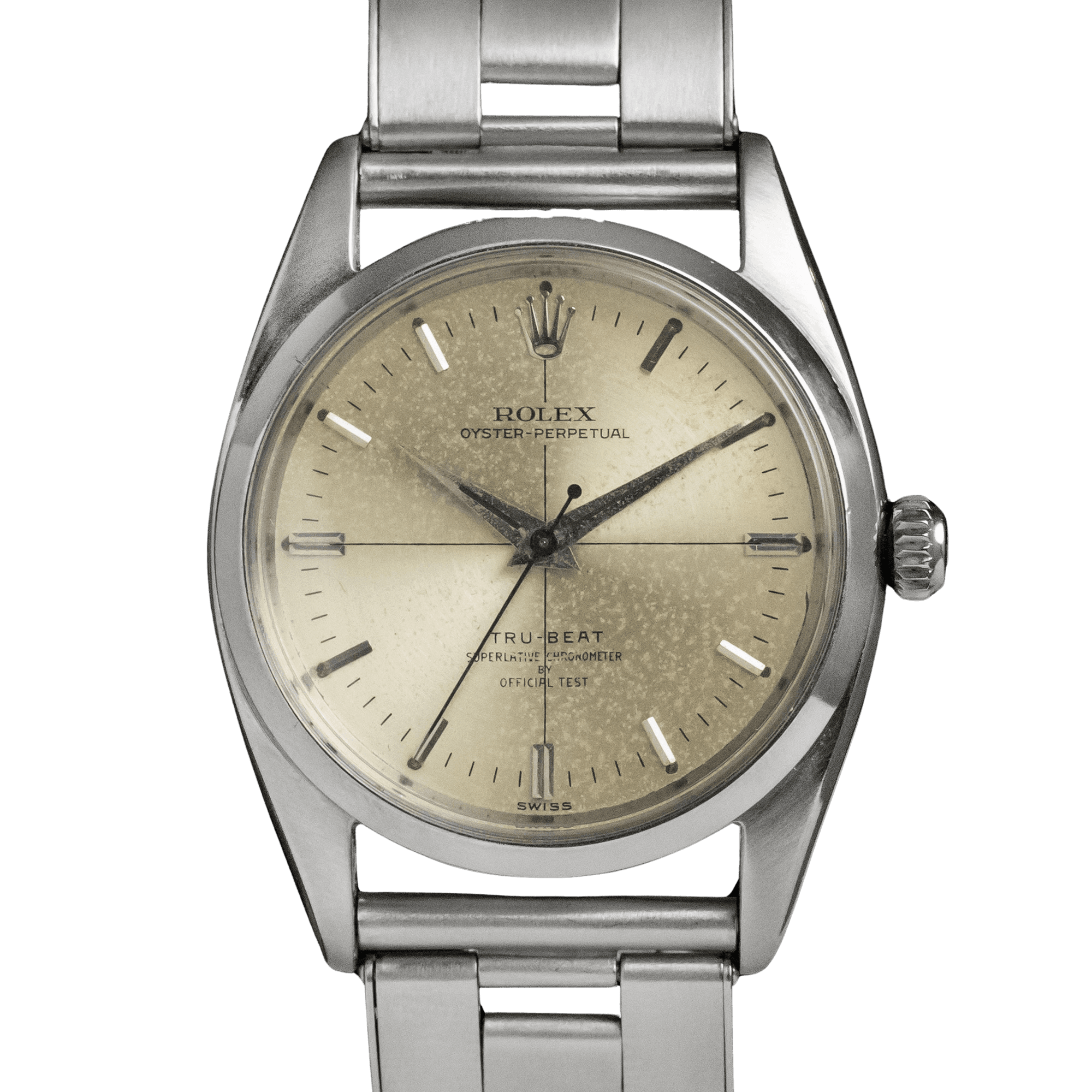 A vintage Rolex Oyster Perpetual Tru-Beat wristwatch with a metallic band and aged cream-colored dial.