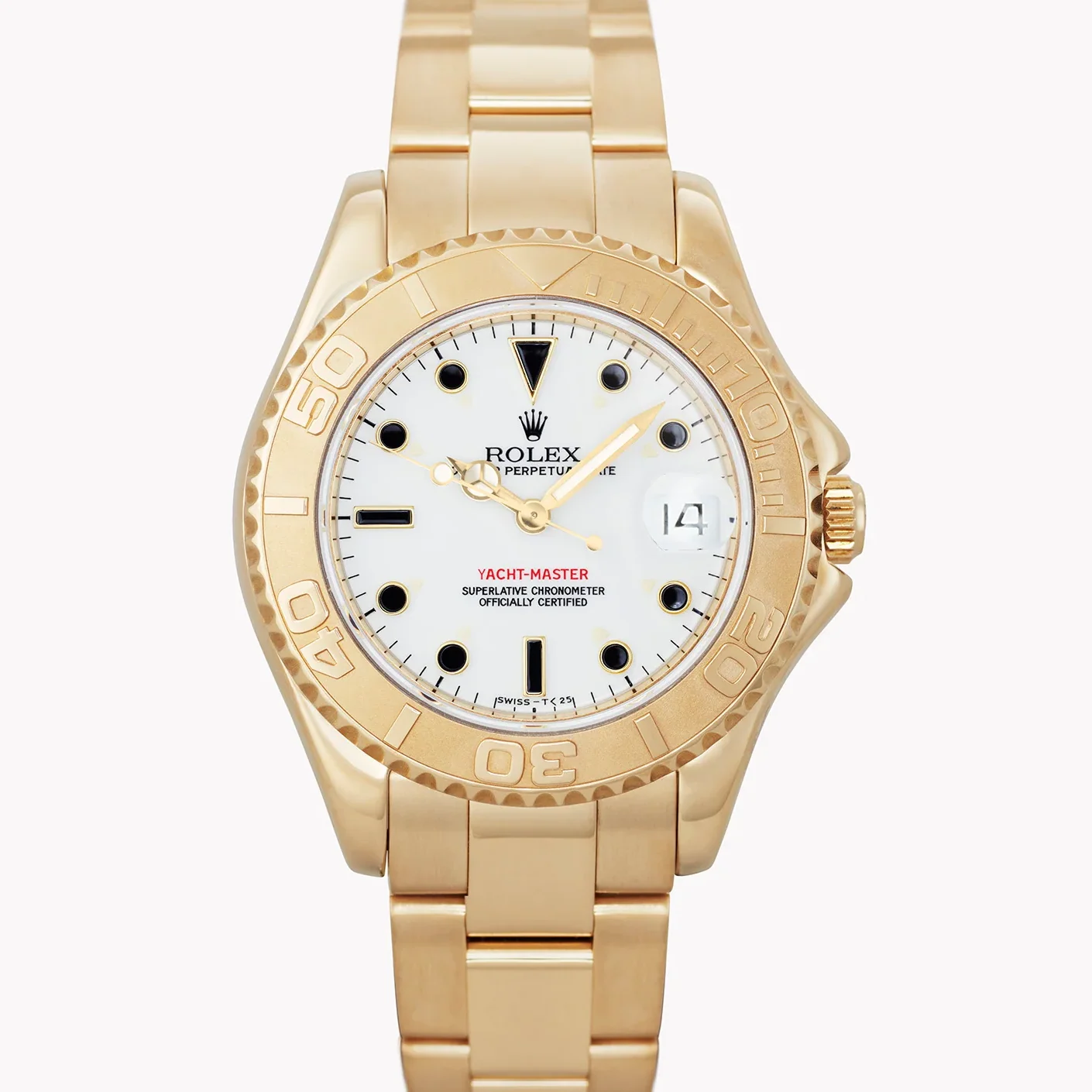 Gold Rolex Yacht-Master watch with a white dial, black markers, and a date display at 3 oclock.