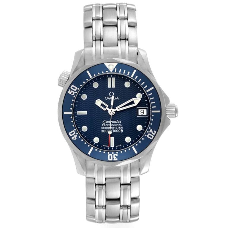 A stainless steel Omega Seamaster Professional 300M 2561.80.00 watch with a blue wave-patterned dial, white hour markers, date window at 3 oclock, and rotating bezel. The silver bracelet features polished and brushed links.