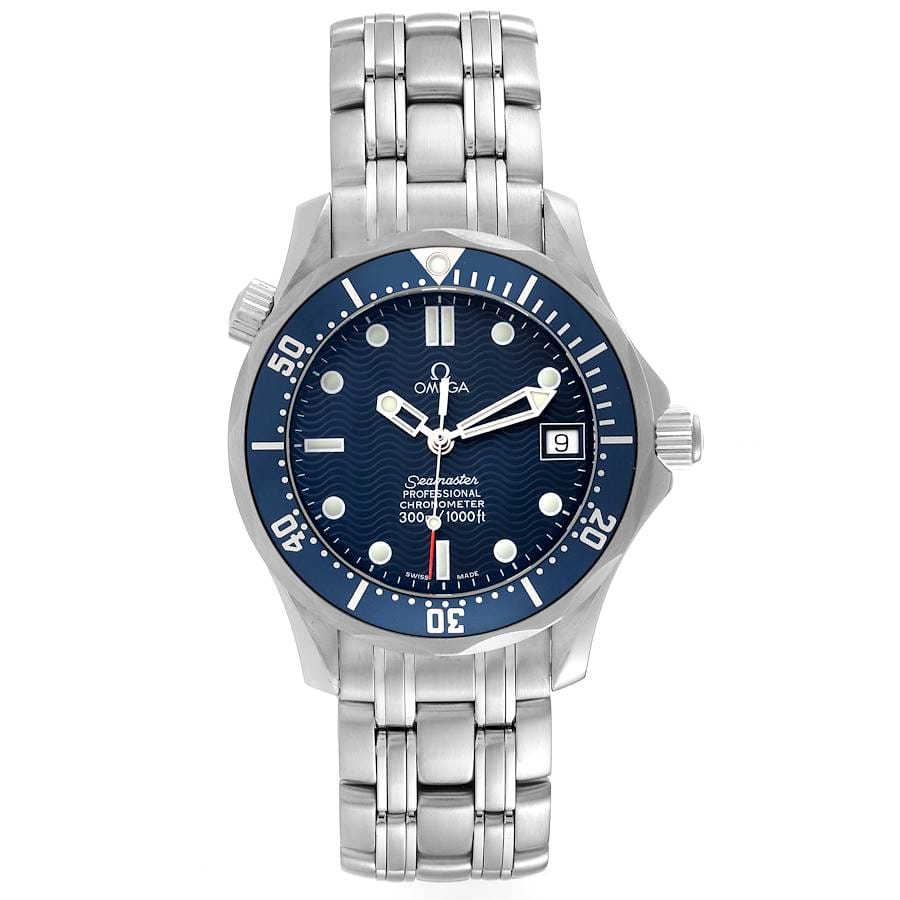 A stainless steel Omega Seamaster Professional 300M 2561.80.00 watch with a blue wave-patterned dial, white hour markers, date window at 3 oclock, and rotating bezel. The silver bracelet features polished and brushed links.
