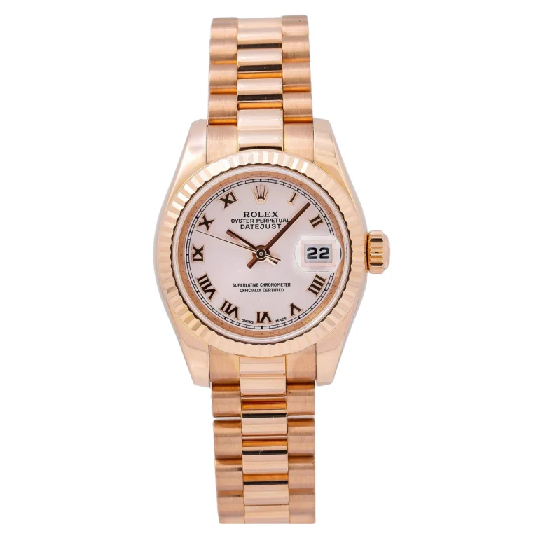A gold Rolex Datejust 179175 watch with Roman numerals and a date display on a metal bracelet band.