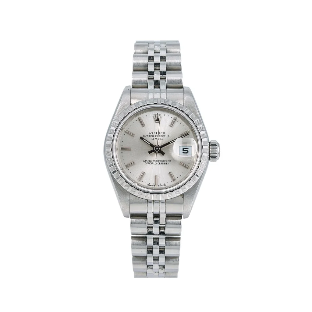 A silver Rolex Oyster Perpetual wristwatch with a metal link band and Date 79240 display, showcased on a white background.