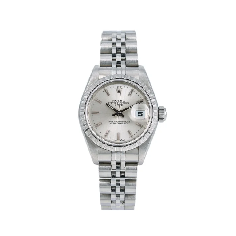 A silver Rolex Oyster Perpetual wristwatch with a metal link band and Date 79240 display, showcased on a white background.