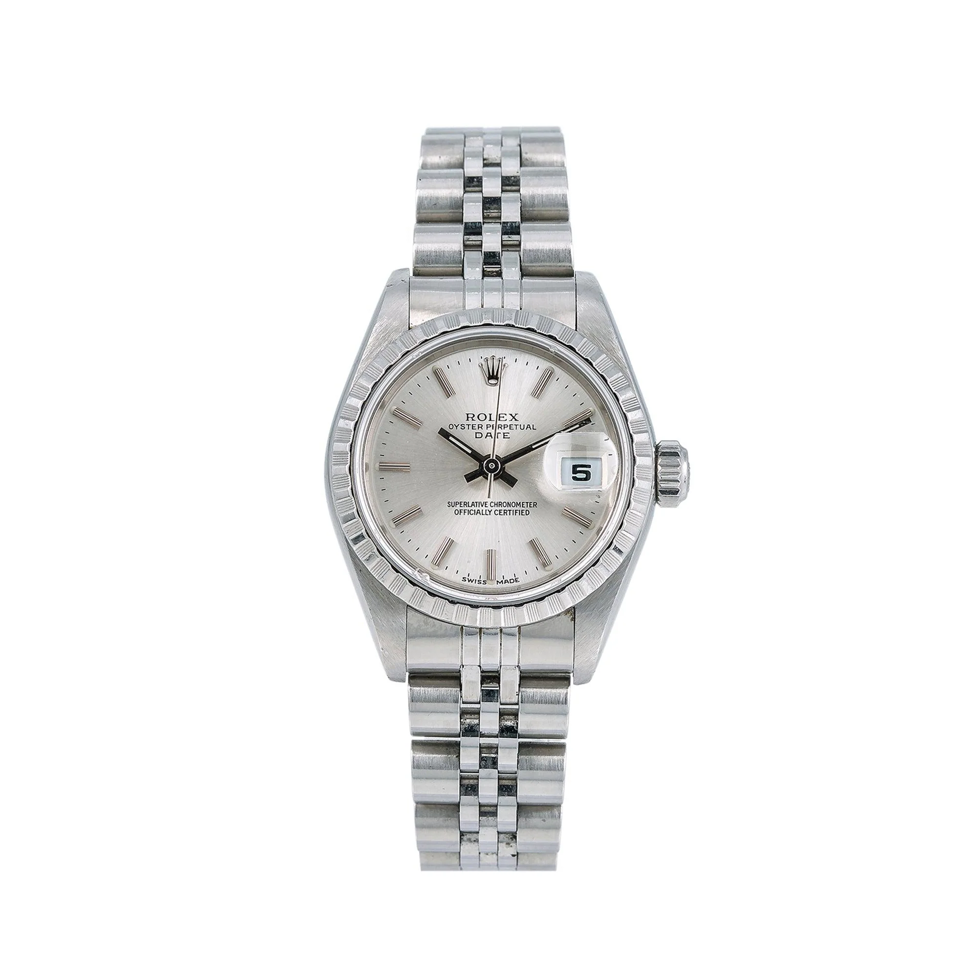 A silver Rolex Oyster Perpetual wristwatch with a metal link band and Date 79240 display, showcased on a white background.
