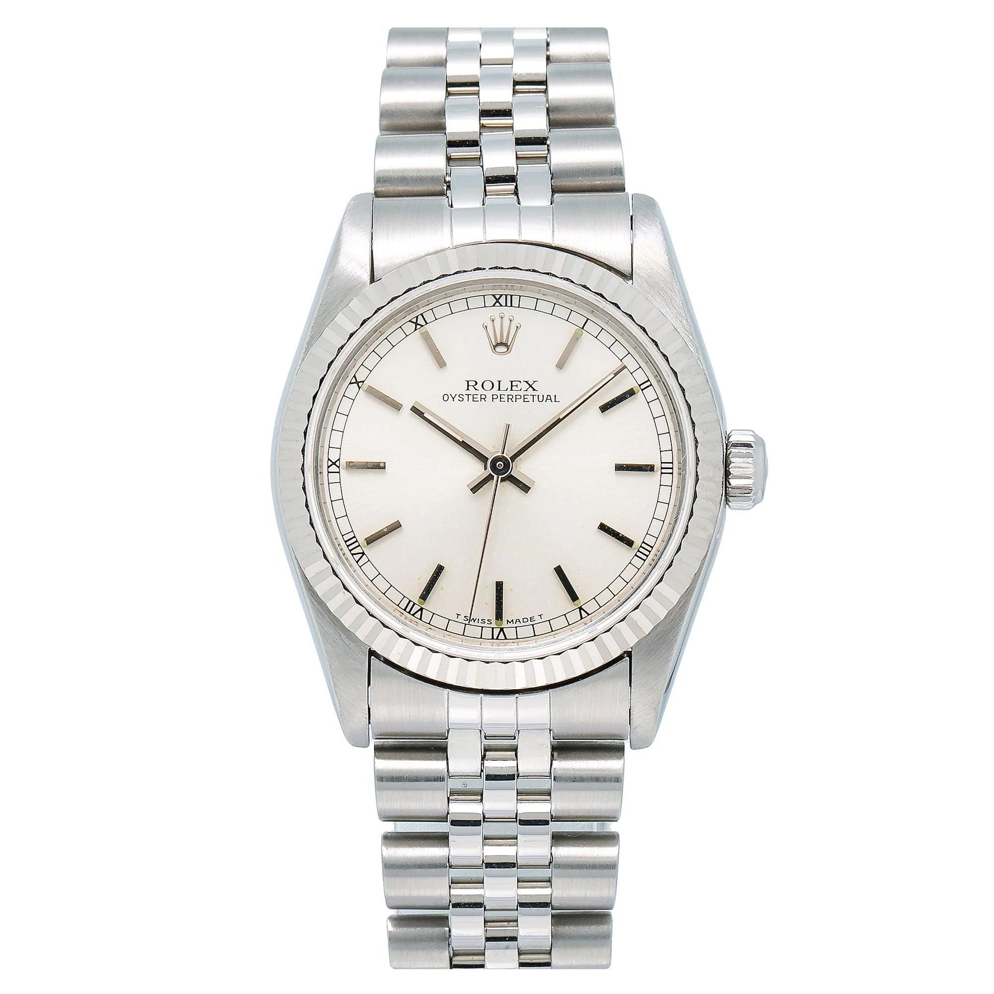 Silver Rolex Oyster Perpetual watch, model 67514, featuring a white dial with Roman numerals and a sleek metal link bracelet.