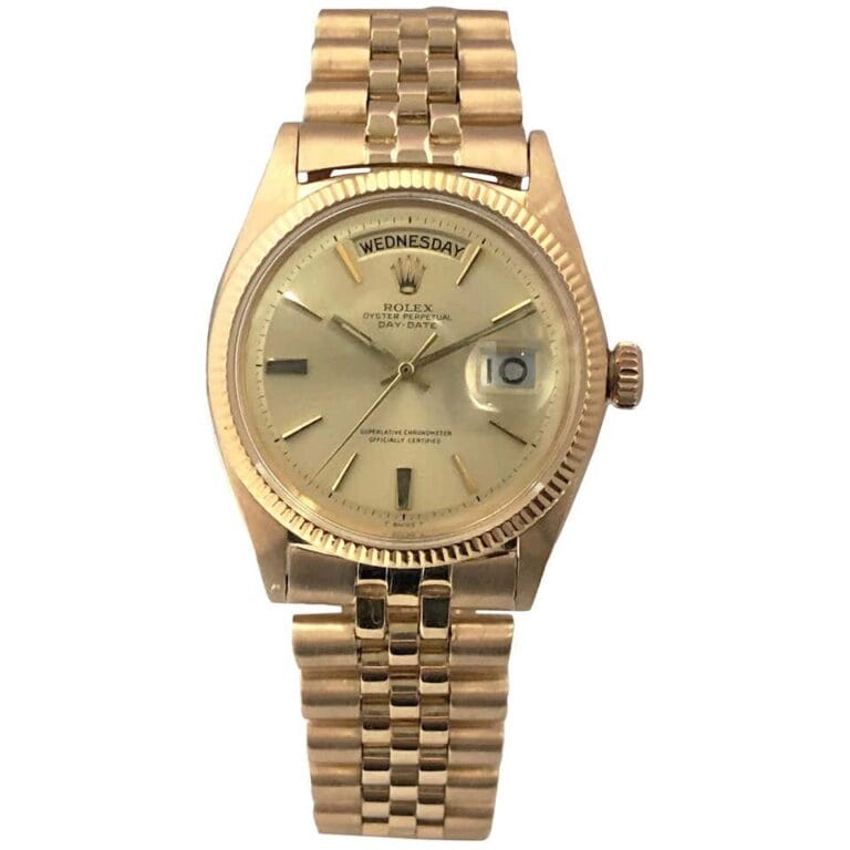 A gold Rolex President Day-Date watch with a gold link band and day and date displays on the dial.