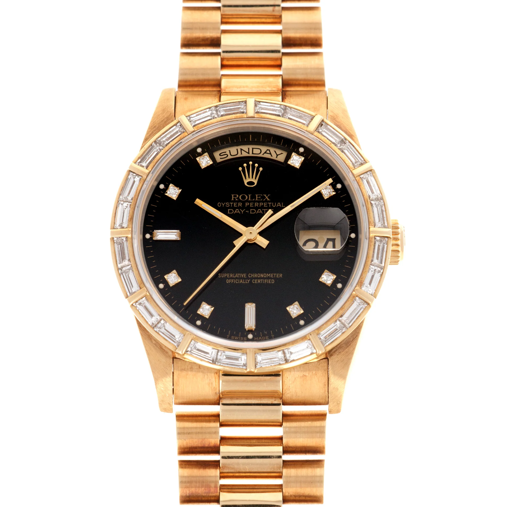 A gold Rolex President 18368 Day-Date watch with a black dial, diamond hour markers, and a gold link bracelet.
