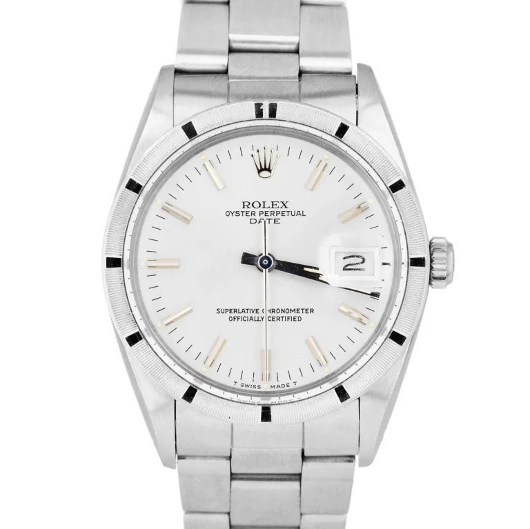 Silver Rolex Oyster Perpetual Date 15010 watch with a white dial and date window at the 3 o’clock position.