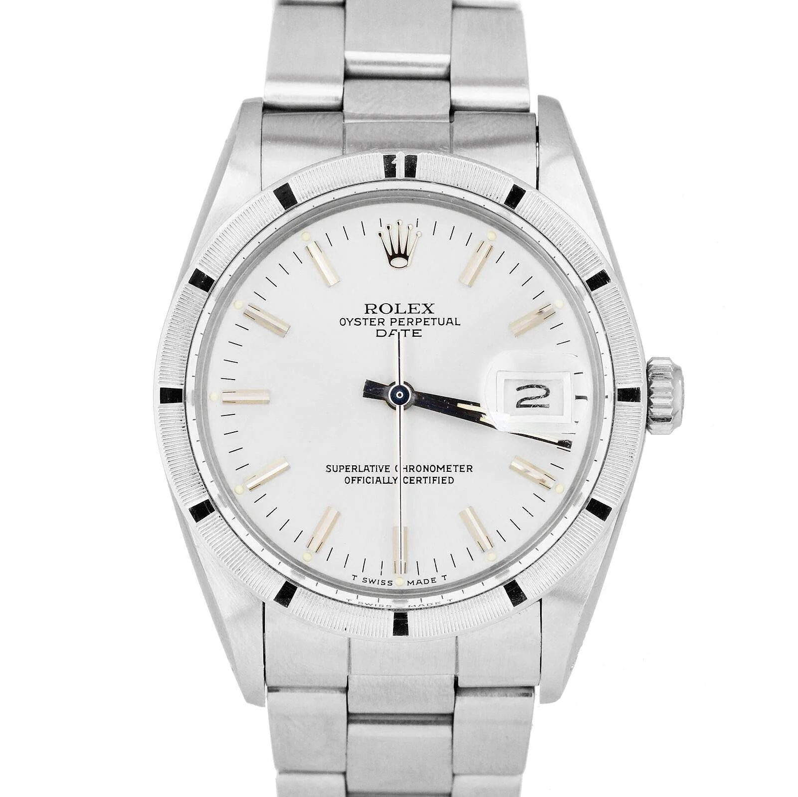 Silver Rolex Oyster Perpetual Date 15010 watch with a white dial and date window at the 3 o’clock position.