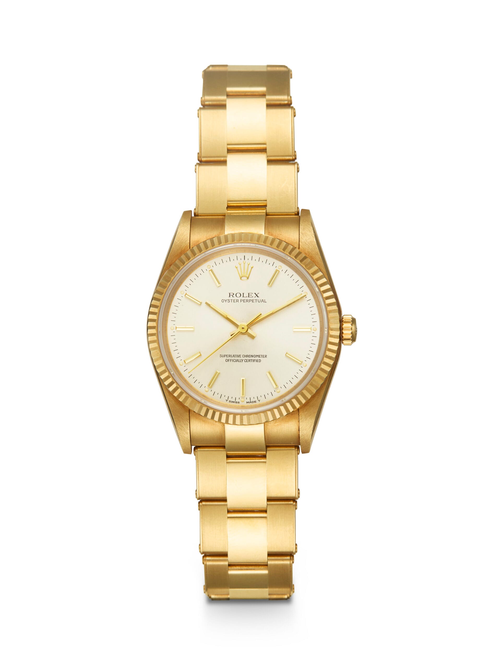 A gold Rolex Oyster Perpetual 14238 wristwatch with a white dial and gold hour markers on a classic gold link bracelet.