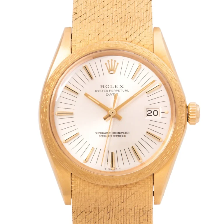 Gold Rolex Oyster Perpetual Date 15148 watch with a white dial and gold mesh strap, displaying the date as 20.
