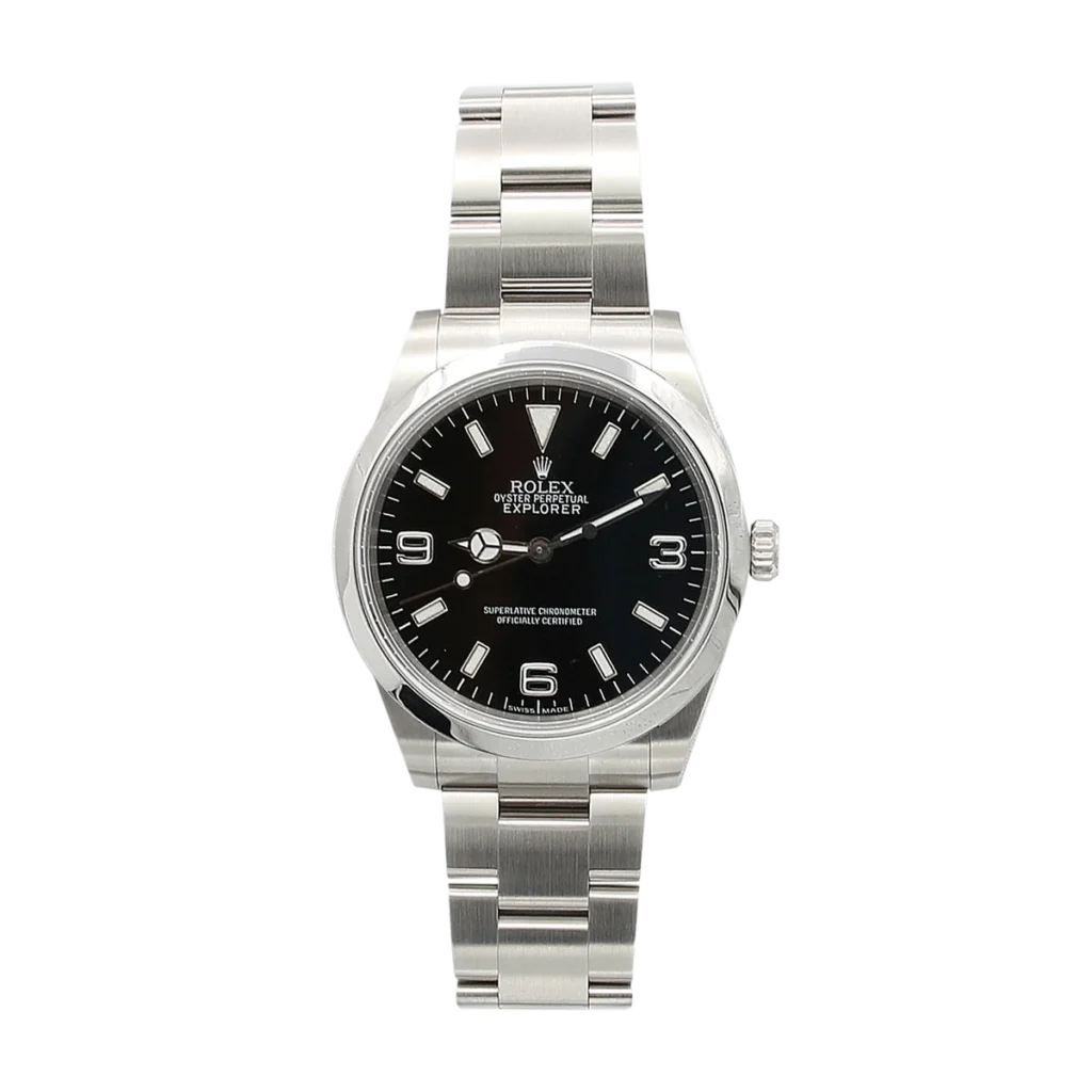 A stainless steel Rolex Explorer 14270 watch with a black dial and silver hour markers, shown on a plain background.