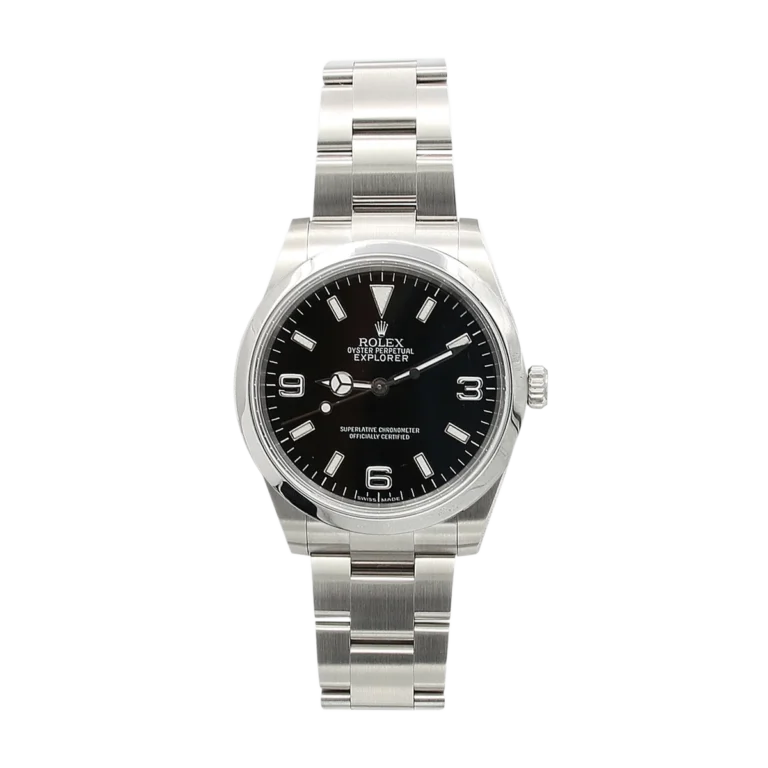 A stainless steel Rolex Explorer 14270 watch with a black dial and silver hour markers, shown on a plain background.