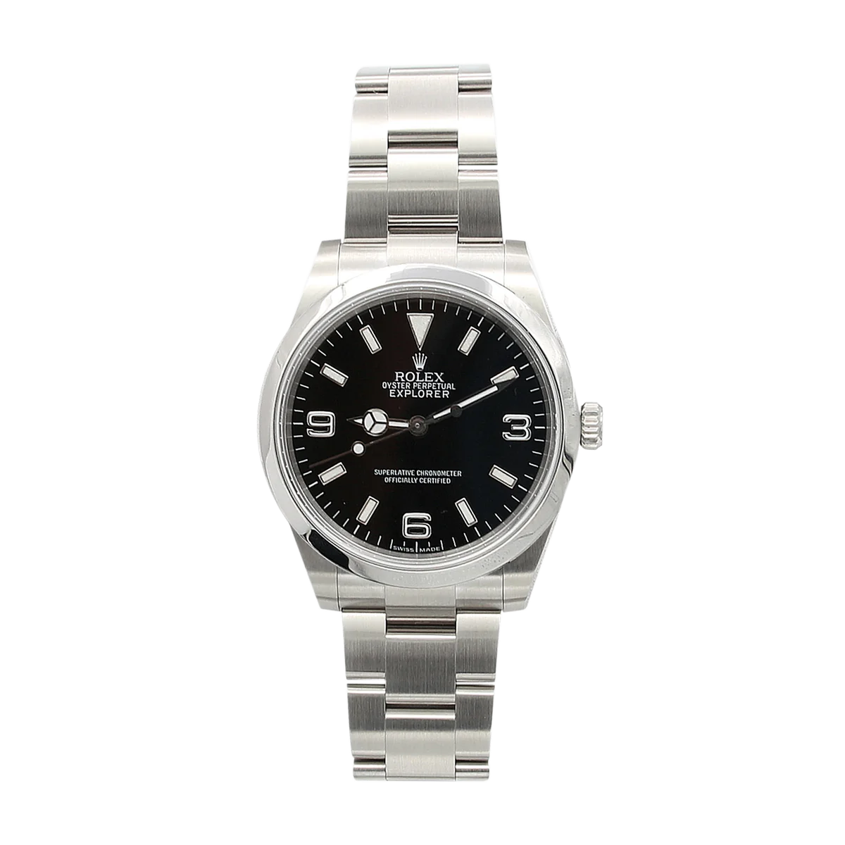 A stainless steel Rolex Explorer 14270 watch with a black dial and silver hour markers, shown on a plain background.