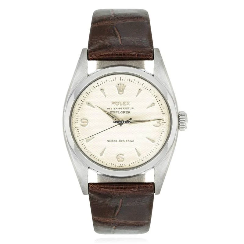 Rolex Explorer 6298 watch with a brown leather strap and a silver case, featuring a white dial and simple hour markers.