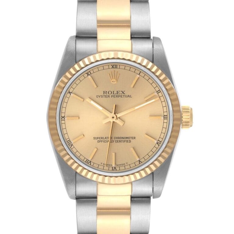 The Rolex Oyster Perpetual 67513 features a gold face and a two-tone silver and gold metal band, showcasing classic Rolex watch elegance.