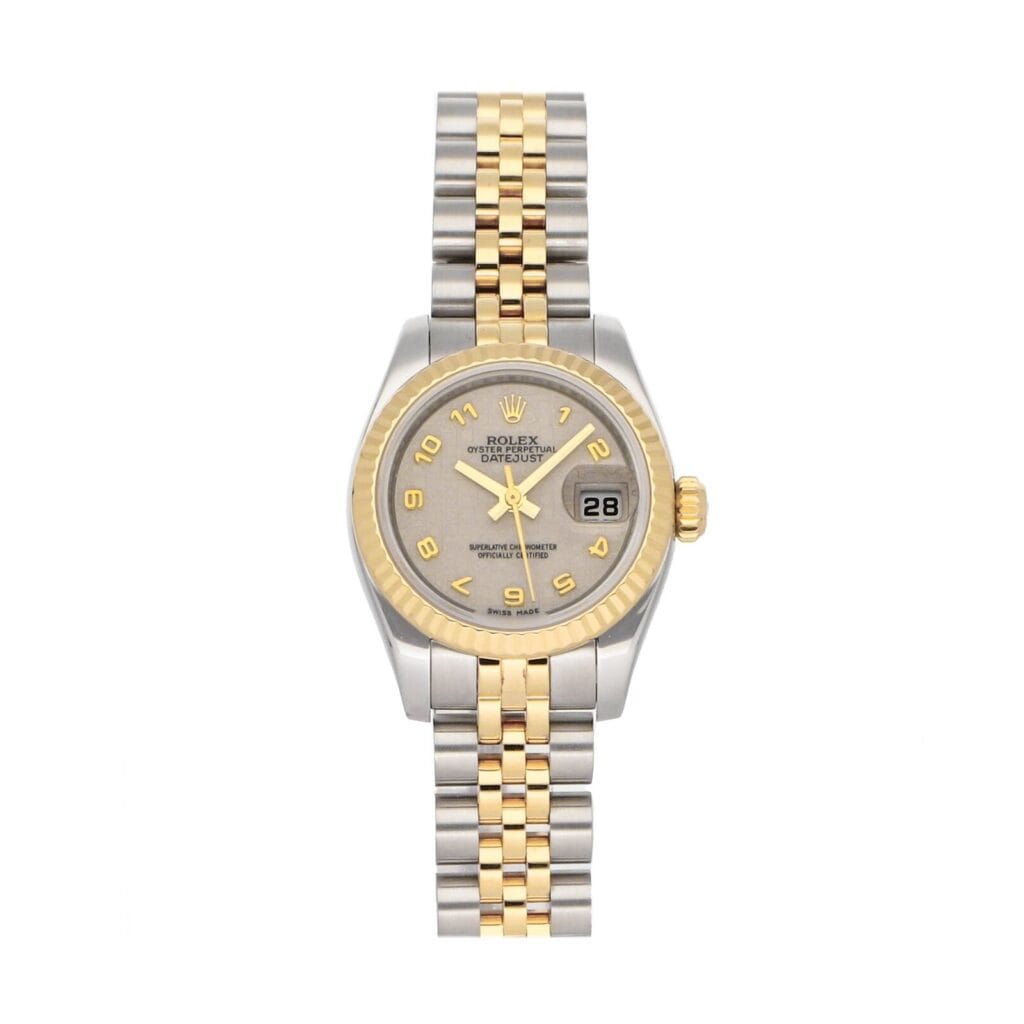 A two-tone Rolex Datejust 179173 watch featuring a silver and gold jubilee bracelet and a gray dial displaying the date.