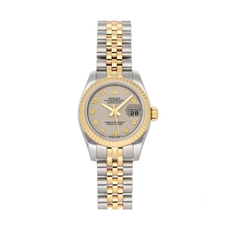 A two-tone Rolex Datejust 179173 watch featuring a silver and gold jubilee bracelet and a gray dial displaying the date.